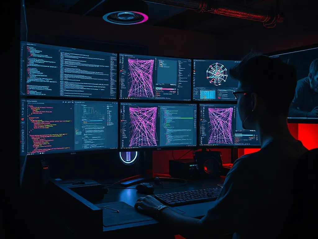 A high-tech developer workspace with multiple monitors showi