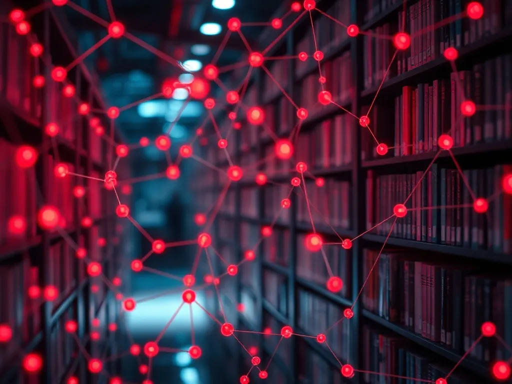 A high-tech digital library interface with abstract data nod